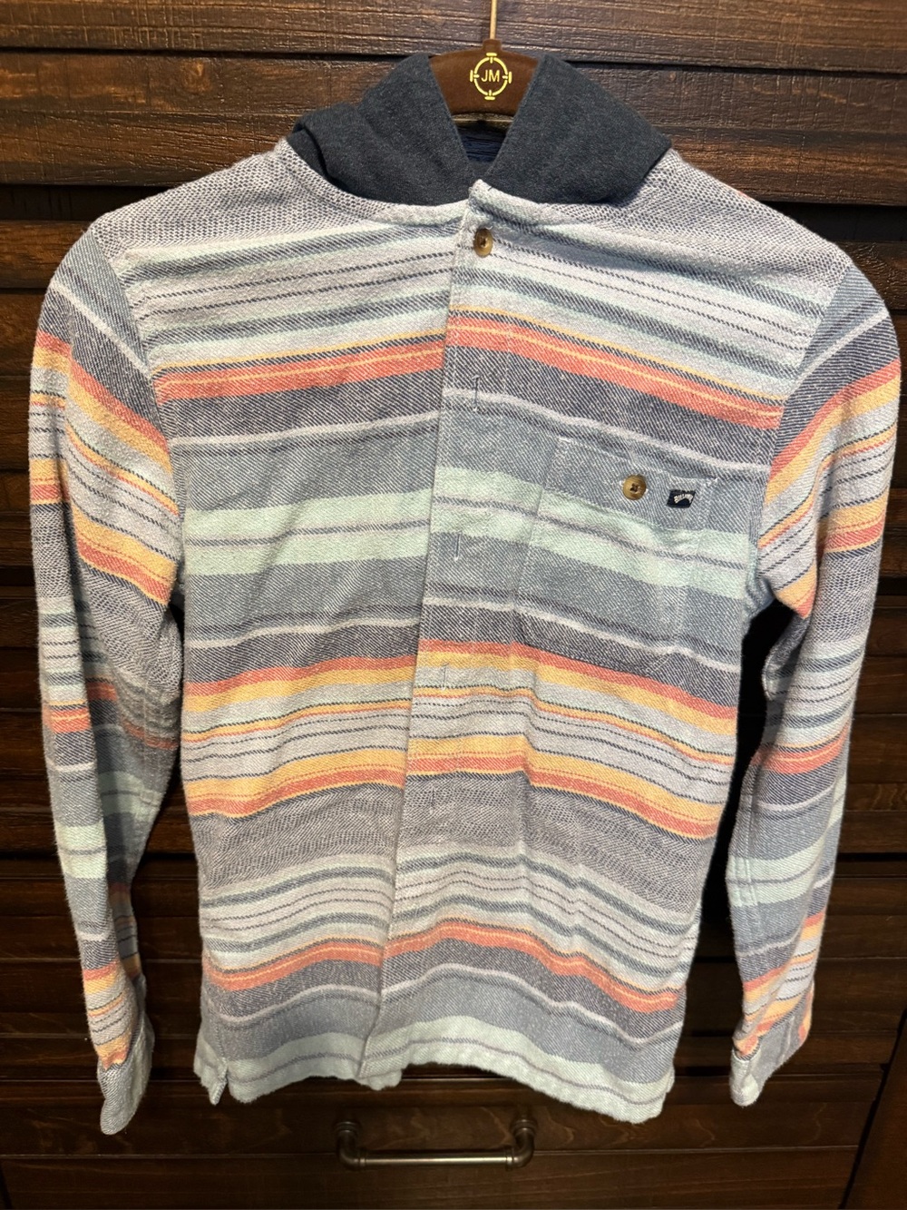 Billabong Boys Medium Hooded Baja Shirt Striped Button Up Surf Skate
